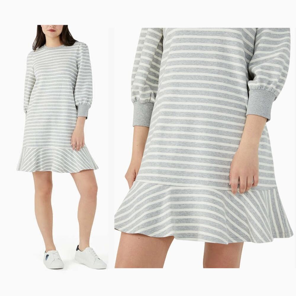 New $219 KATE SPADE Sailing Stripe Sweatshirt Dress Ruffle Peplum Sundress Gray